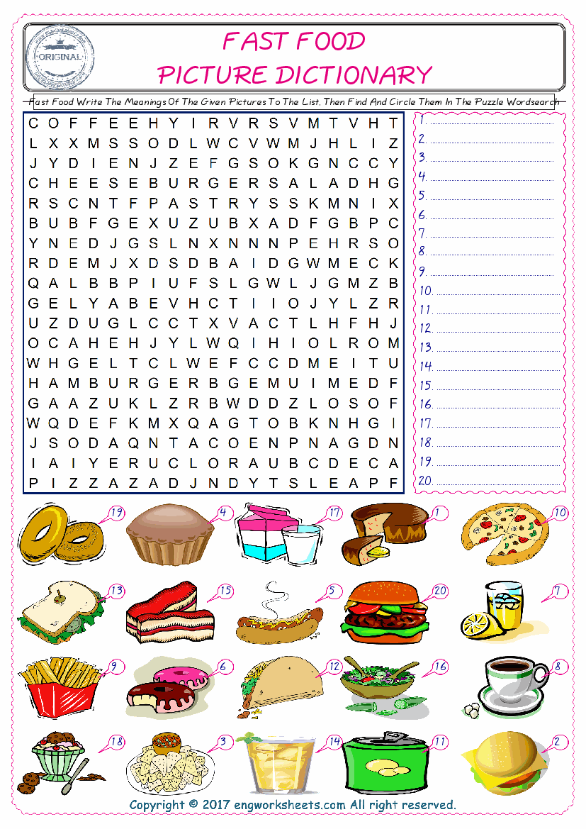  For kids, check the picture of Fast Food find, and write the word and find it in the word puzzle ESL printable worksheet. 